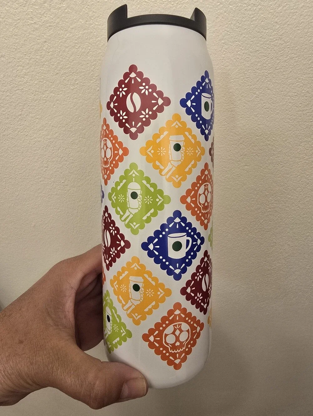 Starbucks White Tumbler with Multicolor Diamond Icons